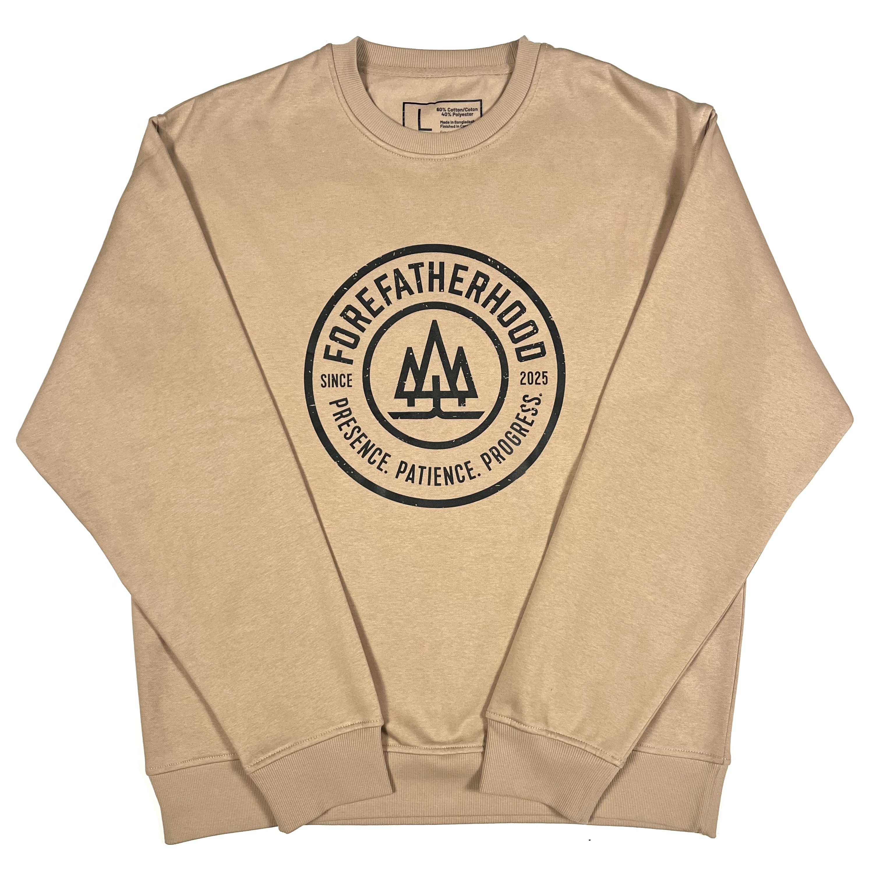 Beige sweatshirt with black graphic and text on a white background