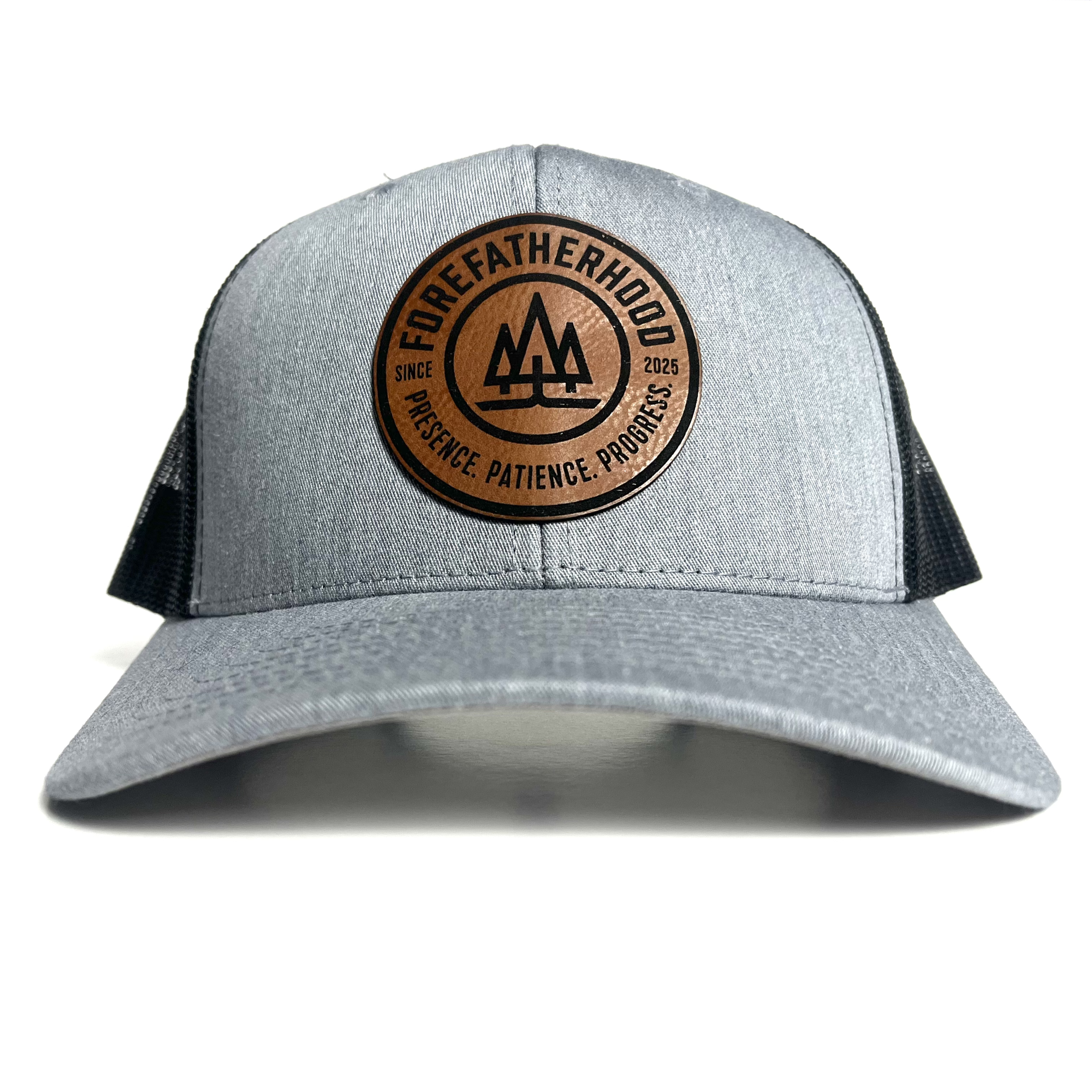 Gray Trucker Hat Leather Patch