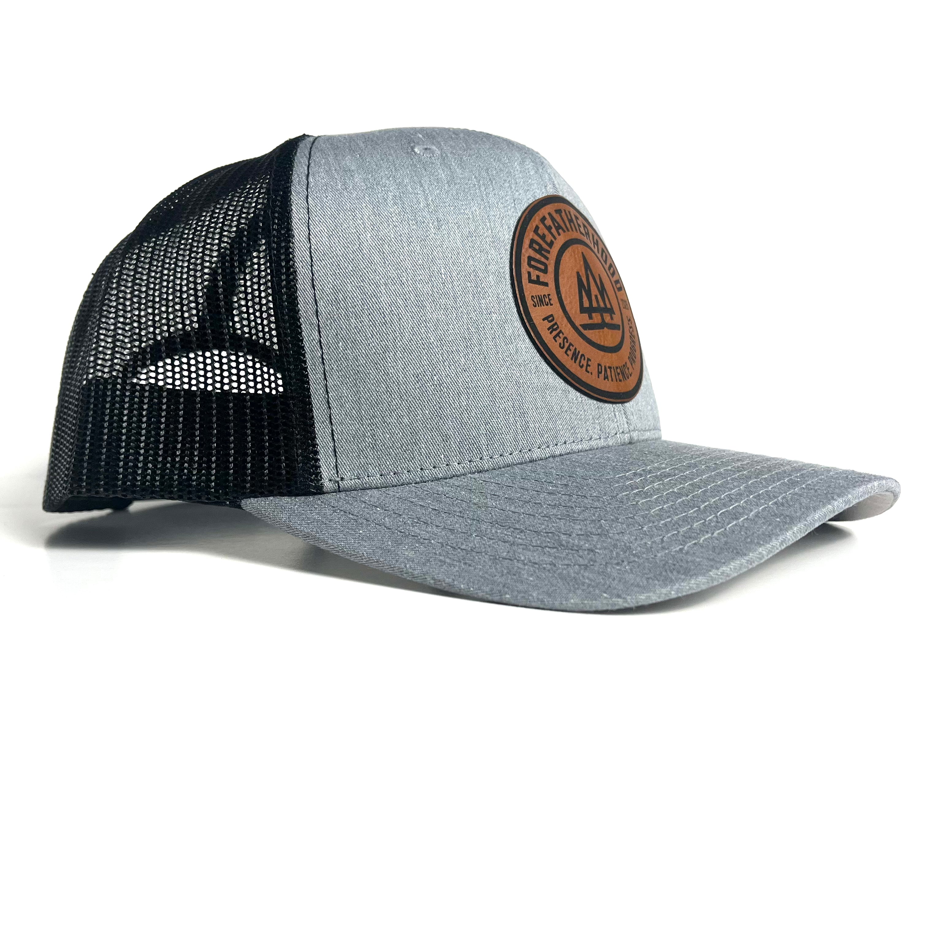 Gray Trucker Hat Leather Patch